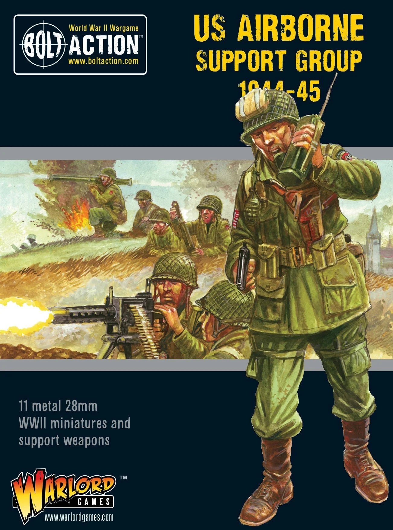 Tył pudełka US Airborne Support Group 1944-45 – zawartość zestawu i opis figurek, Bolt Action Warlord Games
