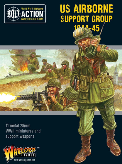 Tył pudełka US Airborne Support Group 1944-45 – zawartość zestawu i opis figurek, Bolt Action Warlord Games
