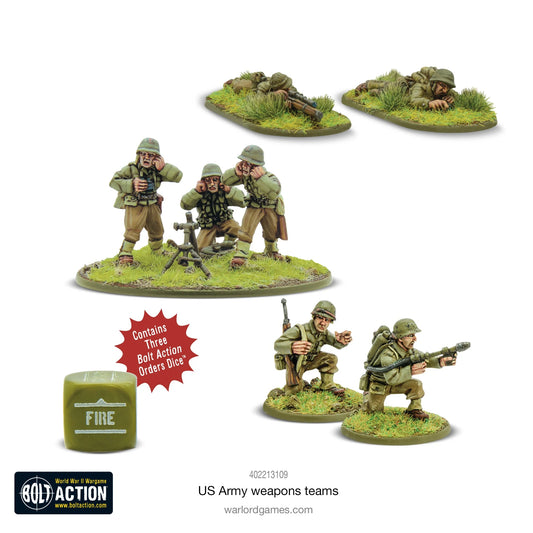 US Army Weapons Teams pomalowane modele - zespół snajperski M1903, zespół moździerza 60mm, zespół miotacza ognia, kość Fire, Bolt Action
