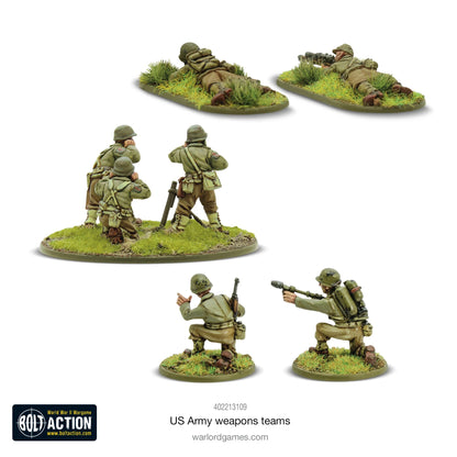 US Army Weapons Teams widok z tyłu - snajperzy leżący, zespół moździerza 60mm, miotacze ognia, Warlord Resin Plus 28mm
