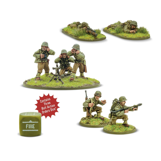 US Army Weapons Teams pomalowane modele - zespół snajperski M1903, zespół moździerza 60mm, zespół miotacza ognia, kość Fire, Bolt Action