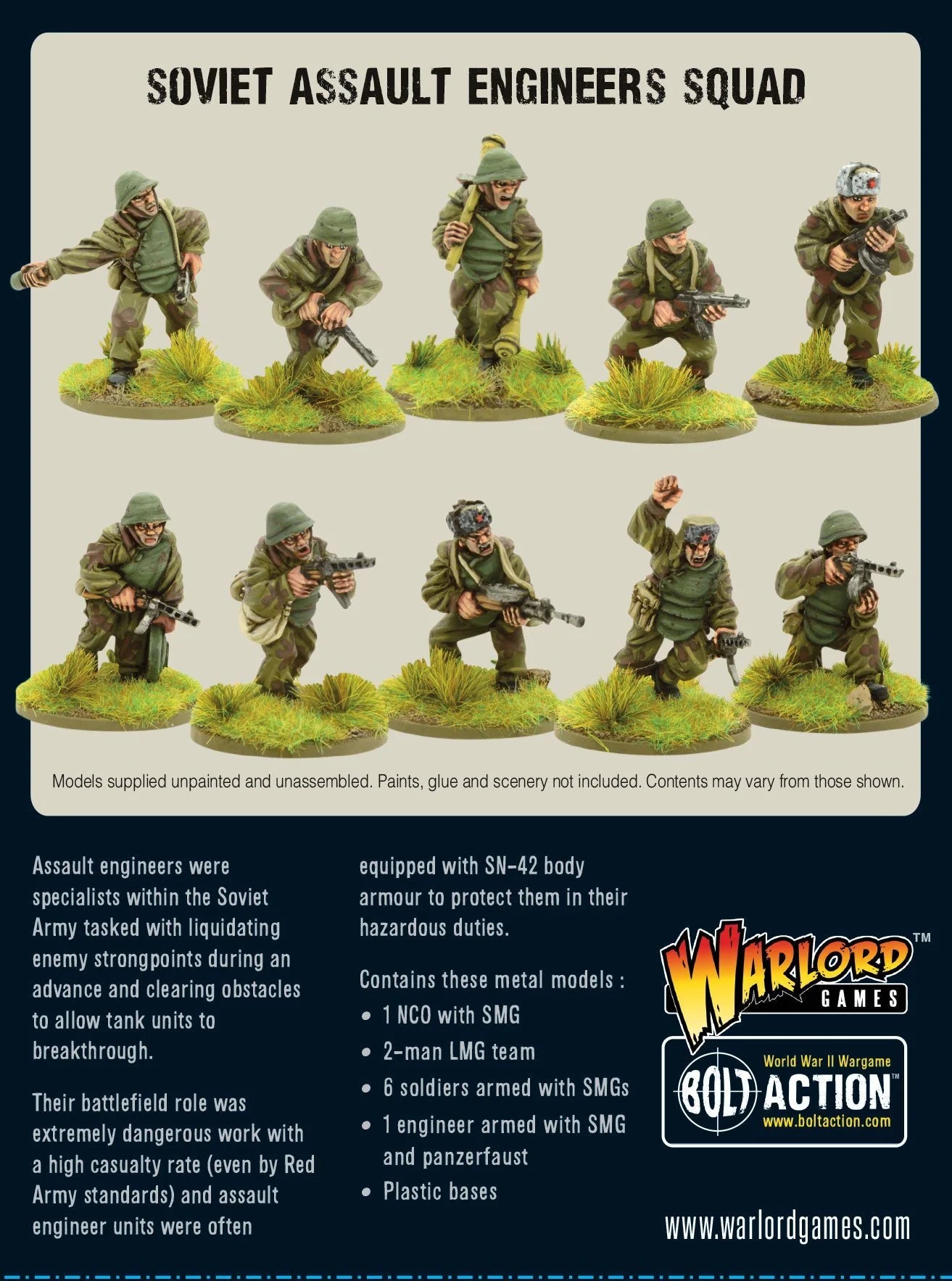 Soviet Assault Engineers Squad - Bolt Action 28mm - pudełko tył 10 figurek pancerz SN-42 NCO LMG SMG Panzerfaust podstawki zawartość - Warlord Games