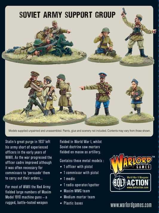 Soviet Army Support Group - Bolt Action 28mm - pudełko tył pomalowane figurki HQ oficer commissar medic radio operator Maxim MMG mortar podstawki opis historyczny zawartość - Warlord Games