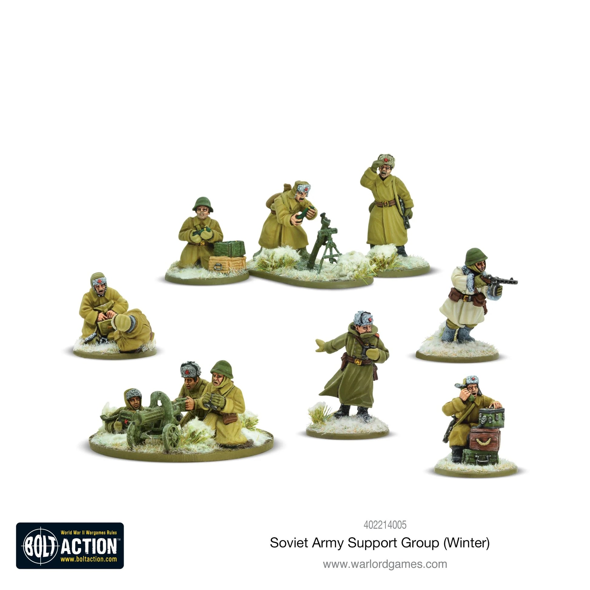 Soviet Army Winter Support Group - Bolt Action 28mm - oficer lornetka moździerz 82mm 3 załoga Maxim MMG 3 załoga zimowe mundury khaki płaszcze uszanki śnieg podstawki - Warlord Games
