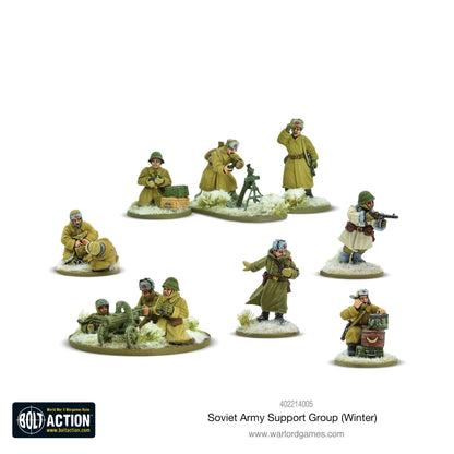 Soviet Army Winter Support Group - Bolt Action 28mm - oficer lornetka moździerz 82mm 3 załoga Maxim MMG 3 załoga zimowe mundury khaki płaszcze uszanki śnieg podstawki - Warlord Games