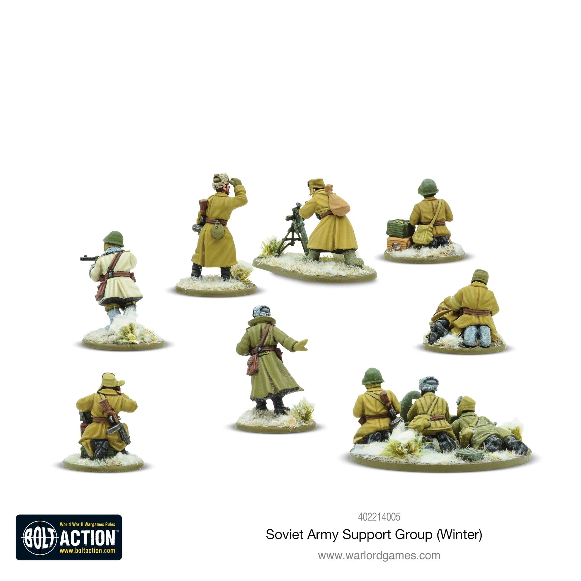 Soviet Army Winter Support Group - Bolt Action 28mm - oficer widok z tyłu moździerz 82mm widok z tyłu Maxim MMG widok z tyłu zimowe mundury khaki płaszcze śnieg podstawki - Warlord Games