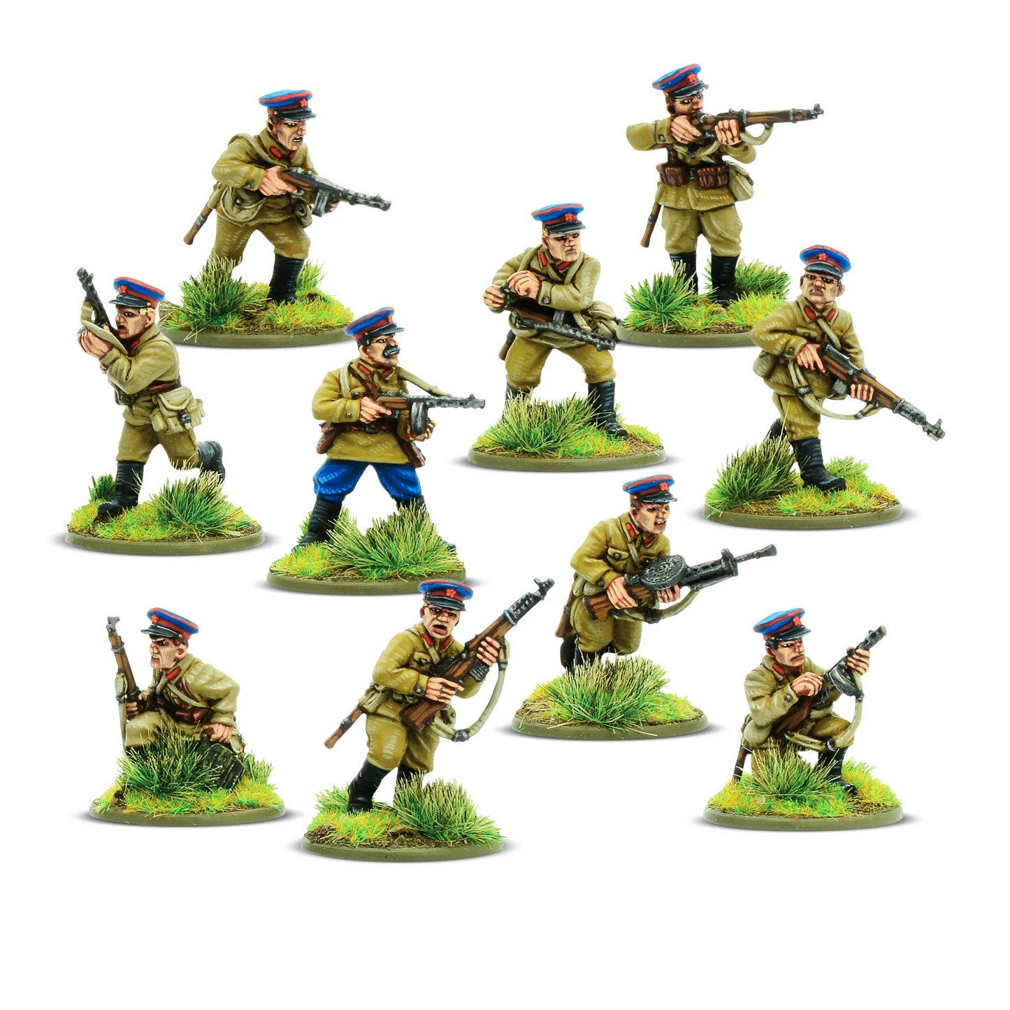 Soviet NKVD Squad Bolt Action Warlord Games - 10 pomalowanych metalowych figurek 28mm widok z przodu: żołnierze NKWD w khaki mundurach z niebiesko-czerwonymi czapkami oficerskimi i czarnymi butami z cholewami, uzbrojeni w PPSh-41 SMG, karabiny Mosin i LMG DP-28, różne pozy bojowe (stojący, kucający, biegnący), zielone tufty trawy na owalnych podstawkach, białe tło