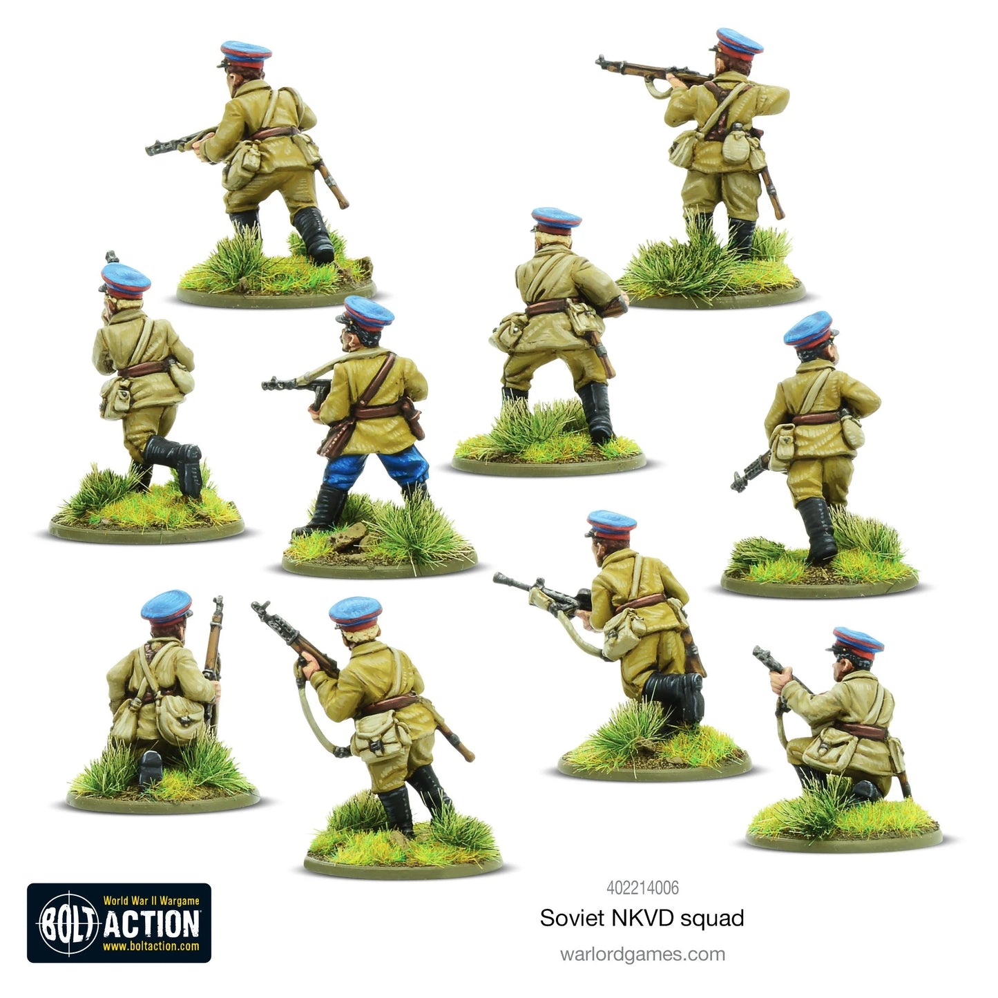 Soviet NKVD Squad Bolt Action - 10 pomalowanych metalowych figurek 28mm widok z tyłu z logo Bolt Action i kodem 402214006: żołnierze NKWD w khaki mundurach z niebiesko-czerwonymi czapkami widok z tyłu, plecaki i pasy amunicyjne, czarne buty z cholewami, zielone tufty trawy na owalnych podstawkach, białe tło