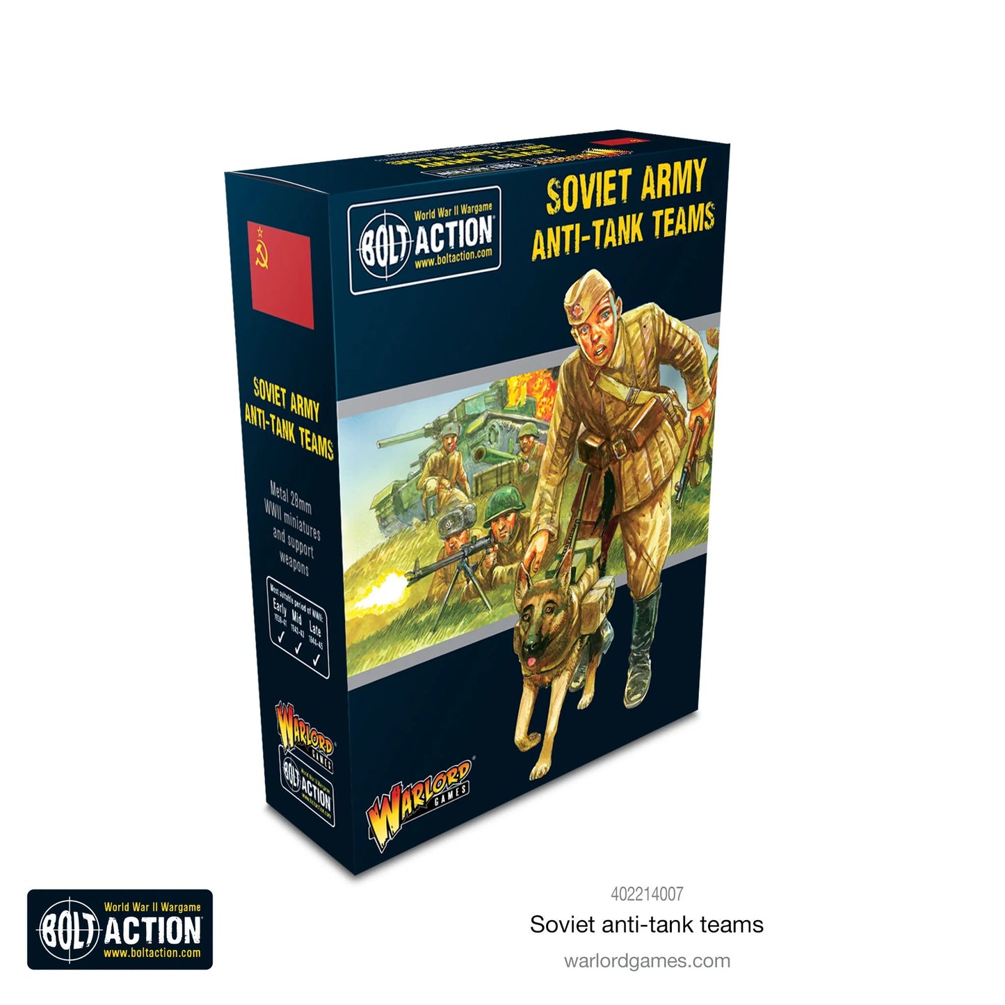 Soviet Anti-tank Teams Bolt Action - pudełko zestawu: granatowe z żółtym napisem SOVIET ARMY ANTI-TANK TEAMS, logo Bolt Action i Warlord Games, flaga ZSRR, ilustracja artystyczna sowieckiego żołnierza biegnącego z psem-miną i żołnierzy z karabinem przeciwpancernym i czołgiem T-34 w tle, napis Metal 28mm WWII miniatures and support weapons, znaczniki Early/Mid/Late war, kod 402214007