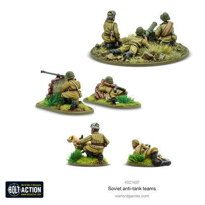 Soviet Anti-tank Teams Bolt Action - 5 pomalowanych metalowych figurek 28mm widok z tyłu z logo Bolt Action i kodem 402214007: zespół Ampulomet (3 figurki widok z tyłu przy urządzeniu na dużej owalnej podstawce), strzelec z PTRS widok z tyłu, strzelec z karabinem widok z tyłu, przewodnik psa-miny z psem widok z tyłu, pies-mina widok z tyłu, zielone mundury, podstawki z trawą, białe tło