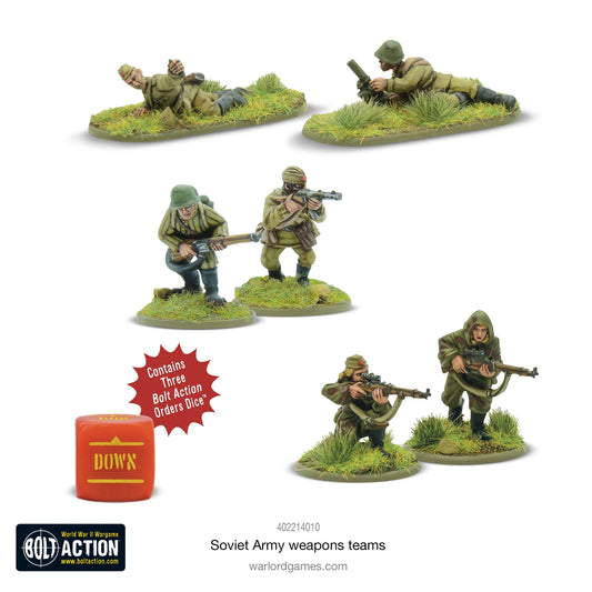 Soviet Army Weapons Teams - Bolt Action 28mm - snajper Mosin-Nagant moździerz 50mm miotacz ognia ROKS-2 mundury khaki podstawki kości rozkazu DOWN - Warlord Games