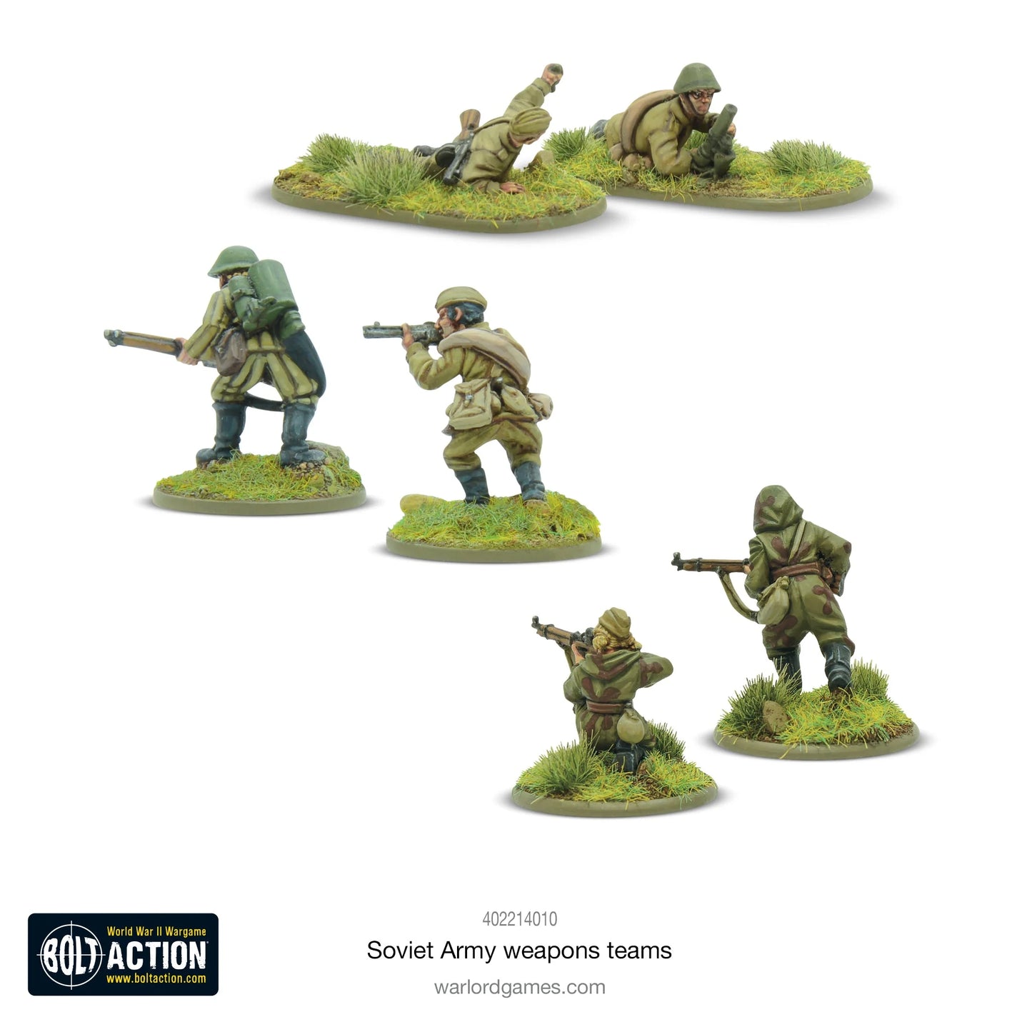 Soviet Army Weapons Teams - Bolt Action 28mm - snajper pozycja leżąca moździerz 50mm obsługa miotacz ognia ROKS-2 plecak mundury khaki podstawki - Warlord Games