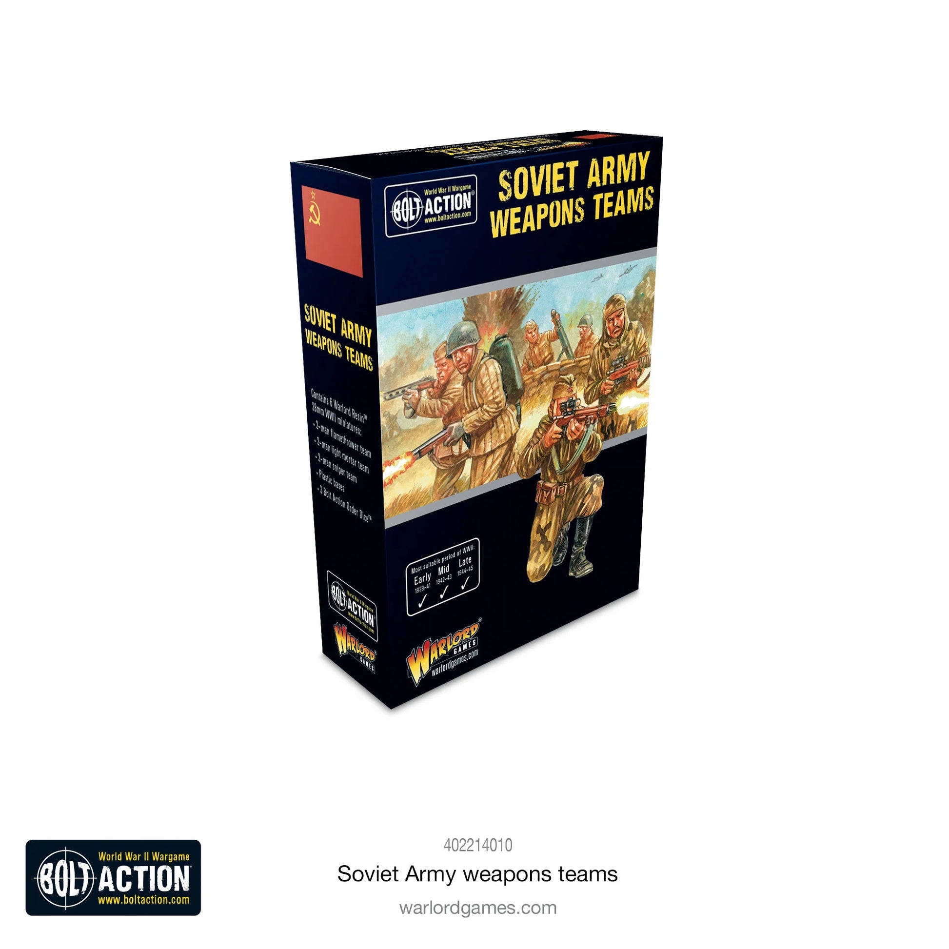 Soviet Army Weapons Teams - Bolt Action 28mm - pudełko ilustracja kolorowa snajper moździerz miotacz ognia ROKS-2 eksplozja flaga sowiecka - Warlord Games
