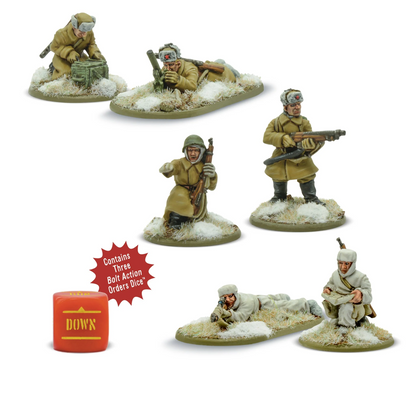 Soviet Army Winter Weapons Teams - Bolt Action 28mm - moździerz 50mm 2 załoga snajper Mosin-Nagant pozycja leżąca miotacz ognia ROKS-2 zimowe mundury khaki whitewash śnieg podstawki kość rozkazu DOWN - Warlord Games