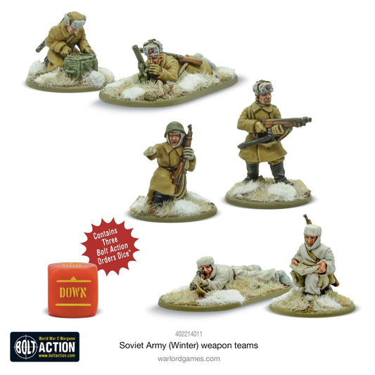 Soviet Army Winter Weapons Teams - Bolt Action 28mm - moździerz 50mm 2 załoga snajper Mosin-Nagant pozycja leżąca miotacz ognia ROKS-2 zimowe mundury khaki whitewash śnieg podstawki kość rozkazu DOWN - Warlord Games