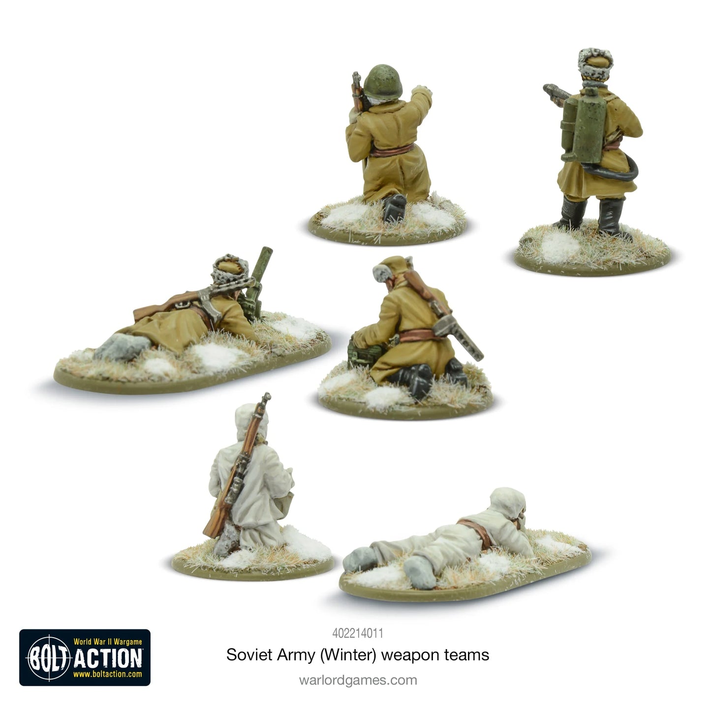 Soviet Army Winter Weapons Teams - Bolt Action 28mm - moździerz 50mm widok z tyłu snajper widok z tyłu miotacz ognia ROKS-2 widok z tyłu zimowe mundury khaki whitewash śnieg podstawki - Warlord Games