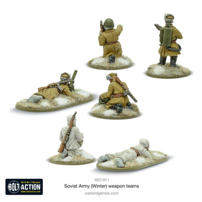 Soviet Army Winter Weapons Teams - Bolt Action 28mm - moździerz 50mm widok z tyłu snajper widok z tyłu miotacz ognia ROKS-2 widok z tyłu zimowe mundury khaki whitewash śnieg podstawki - Warlord Games