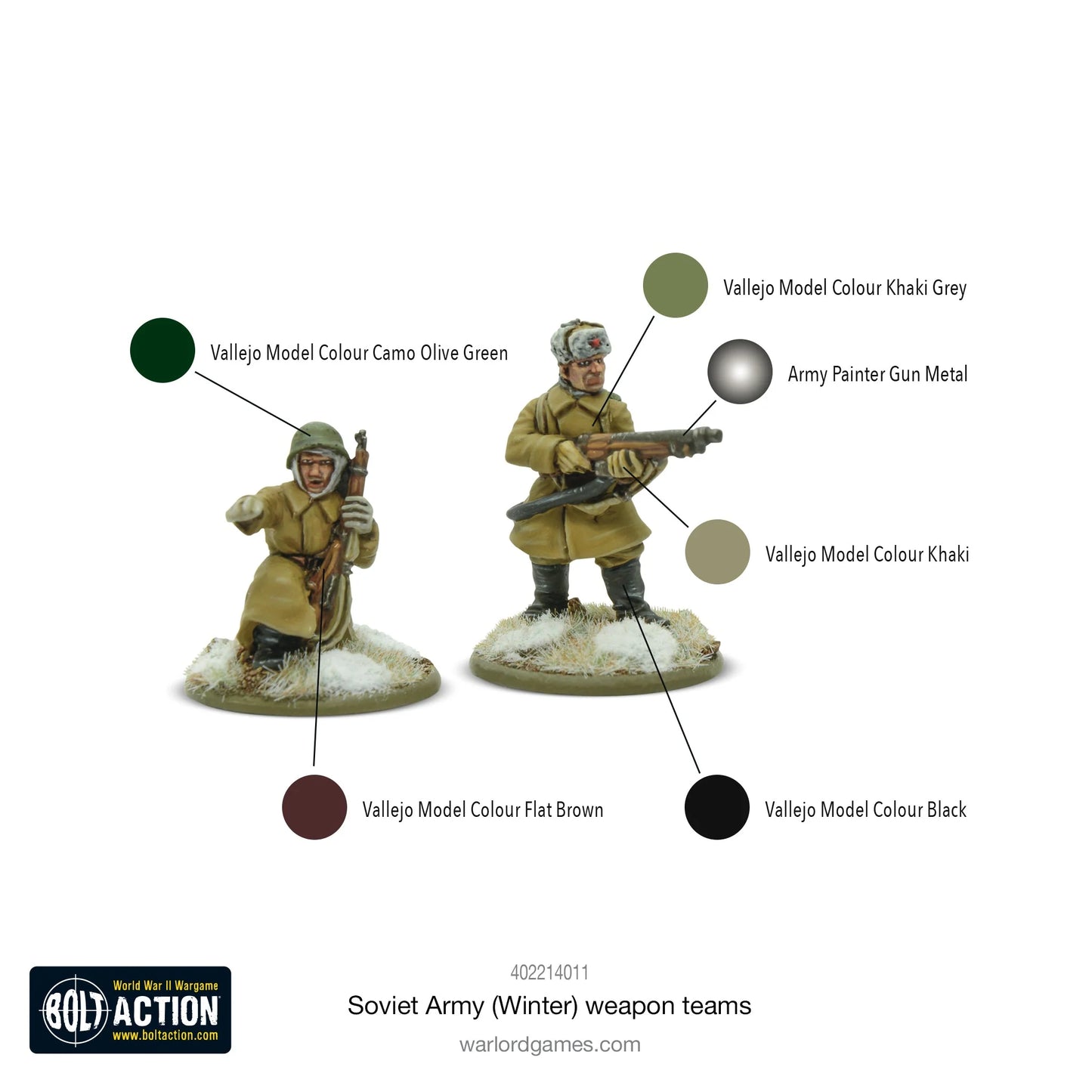 Soviet Army Winter Weapons Teams - Bolt Action 28mm - schemat kolorystyczny Vallejo Khaki Khaki Grey Camo Olive Green Flat Brown Black Army Painter Gun Metal - Warlord Games