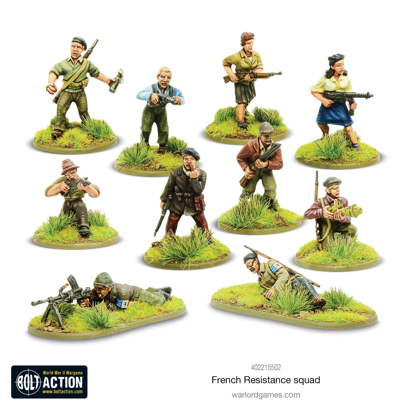 French Resistance Squad - Bolt Action 28mm - 10 partyzantów Maquis FFI cywilne ubrania Sten gun MP40 karabin myśliwski strzelba granat kobieta mężczyzna pozycja leżąca podstawki - Warlord Games
