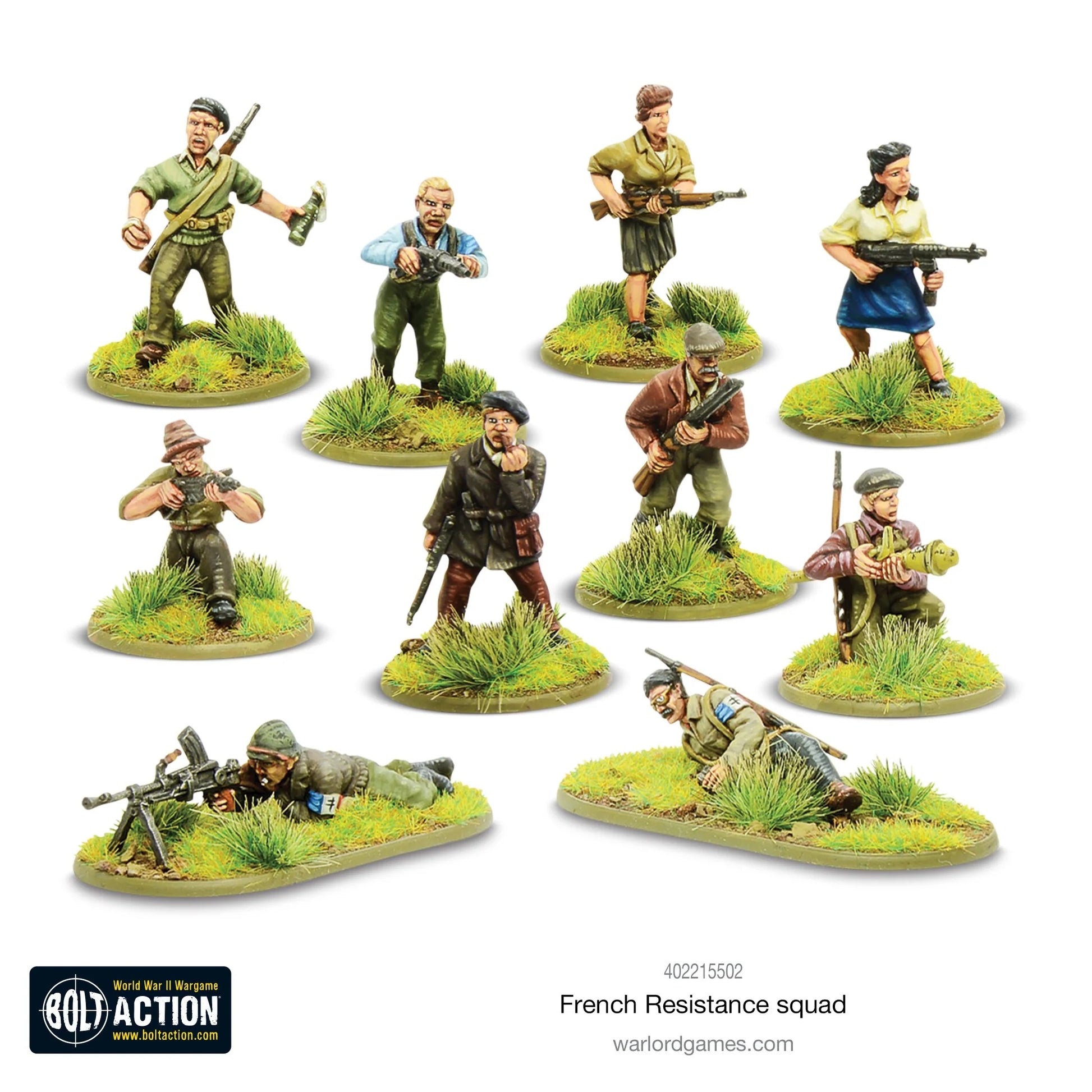 French Resistance Squad - Bolt Action 28mm - 10 partyzantów Maquis FFI cywilne ubrania Sten gun MP40 karabin myśliwski strzelba granat kobieta mężczyzna pozycja leżąca podstawki - Warlord Games