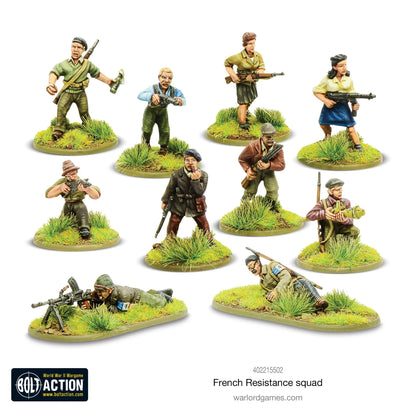 French Resistance Squad - Bolt Action 28mm - 10 partyzantów Maquis FFI cywilne ubrania Sten gun MP40 karabin myśliwski strzelba granat kobieta mężczyzna pozycja leżąca podstawki - Warlord Games