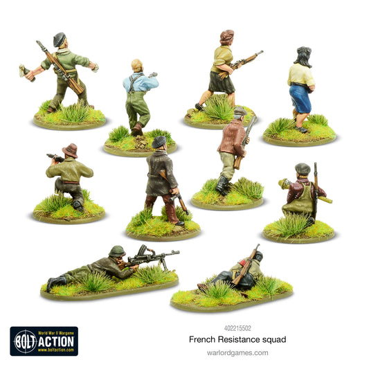 French Resistance Squad - Bolt Action 28mm - widok z tyłu 10 partyzantów Maquis FFI cywilne ubrania plecaki wyposażenie Sten gun MP40 karabin myśliwski pozycja leżąca podstawki - Warlord Games