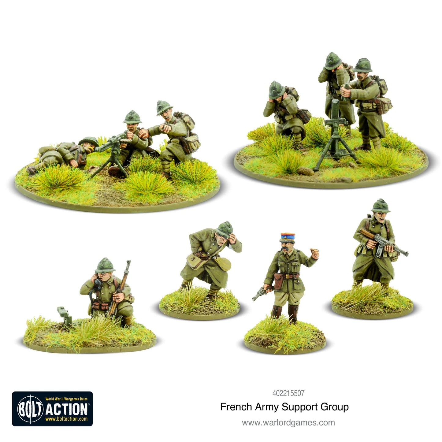 French Army Support Group - Bolt Action 28mm - Hotchkiss MMG 3 załoga moździerz 81mm 3 załoga oficer czapka medyk czerwony krzyż obserwator lornetka mundury khaki hełmy Adrian podstawki - Warlord Games