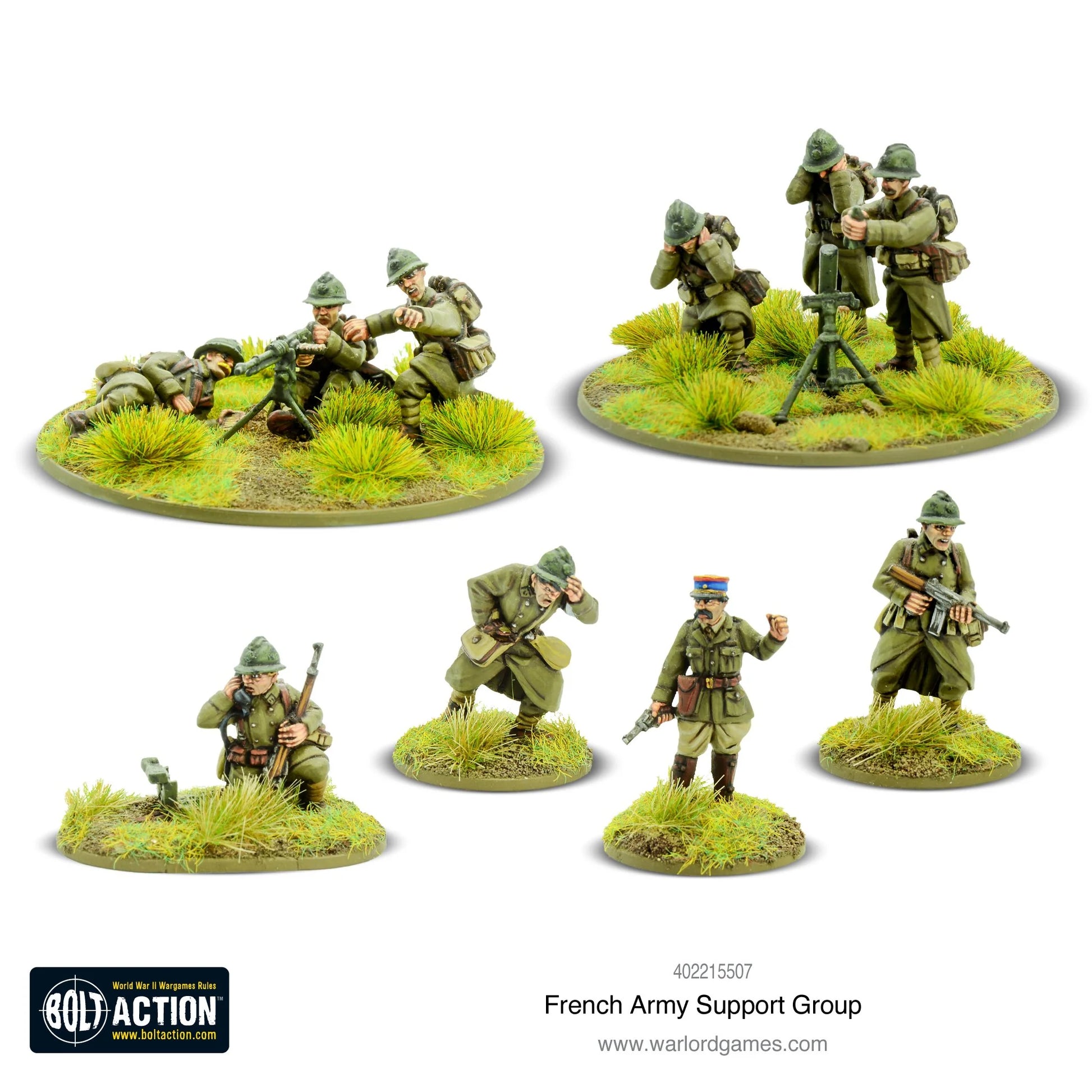 French Army Support Group - Bolt Action 28mm - Hotchkiss MMG 3 załoga moździerz 81mm 3 załoga oficer czapka medyk czerwony krzyż obserwator lornetka mundury khaki hełmy Adrian podstawki - Warlord Games