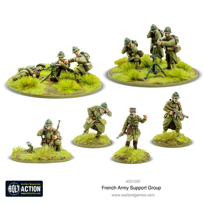 French Army Support Group - Bolt Action 28mm - Hotchkiss MMG 3 załoga moździerz 81mm 3 załoga oficer czapka medyk czerwony krzyż obserwator lornetka mundury khaki hełmy Adrian podstawki - Warlord Games