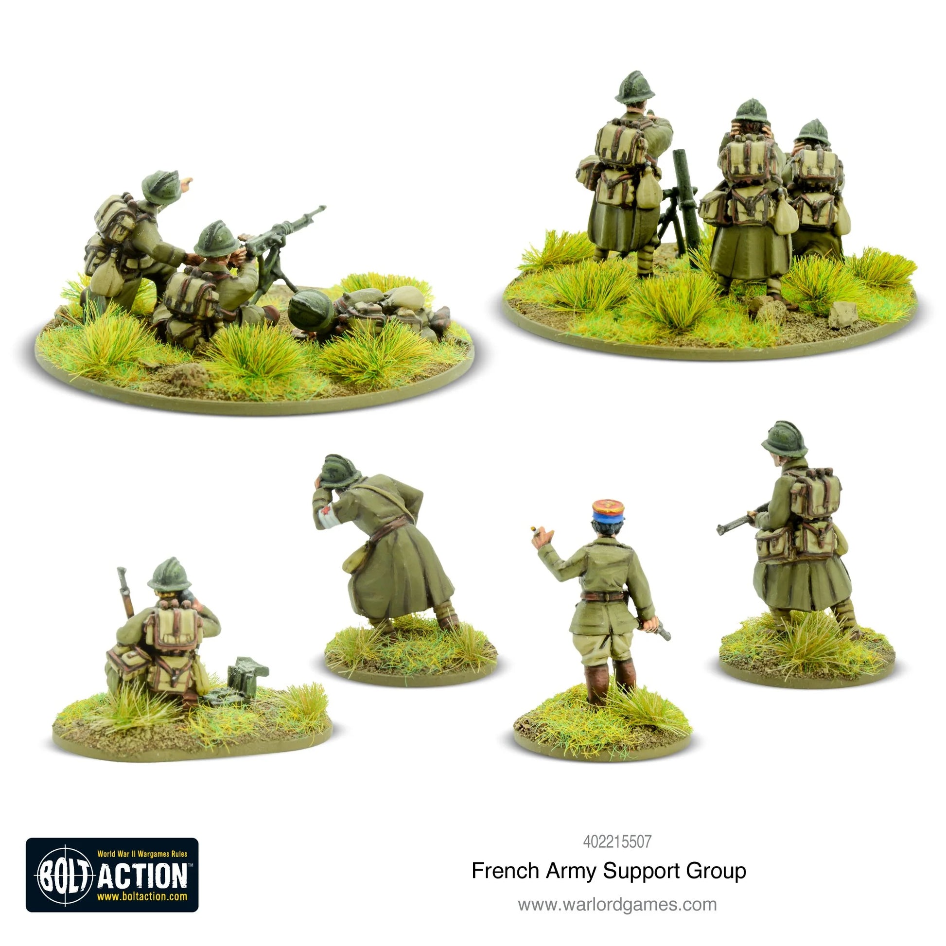 French Army Support Group - Bolt Action 28mm - widok z tyłu Hotchkiss MMG 3 załoga moździerz 81mm 3 załoga oficer medyk obserwator mundury khaki hełmy Adrian podstawki - Warlord Games
