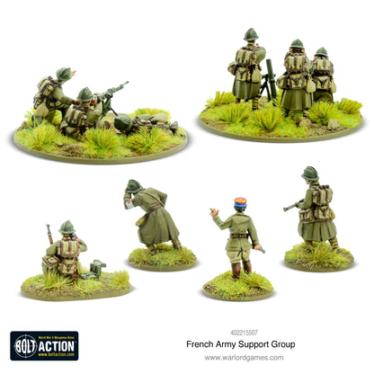 French Army Support Group - Bolt Action 28mm - widok z tyłu Hotchkiss MMG 3 załoga moździerz 81mm 3 załoga oficer medyk obserwator mundury khaki hełmy Adrian podstawki - Warlord Games