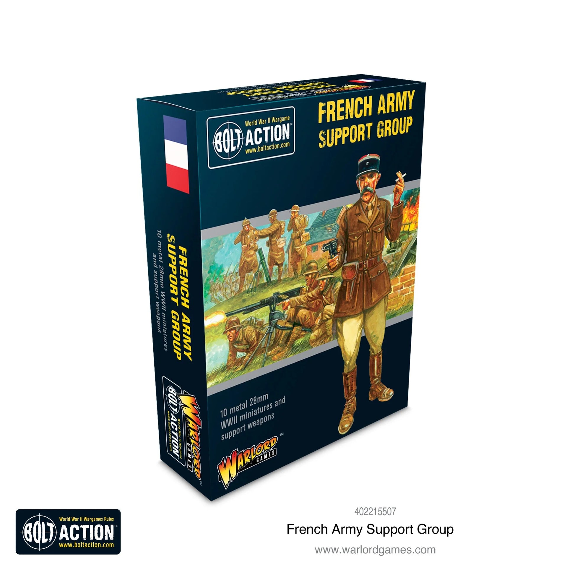 French Army Support Group - Bolt Action 28mm - pudełko ilustracja kolorowa oficer płaszcz czapka rozkaz moździerz 81mm Hotchkiss MMG scena bitewna Francja 1940 10 metalowych figurek - Warlord Games