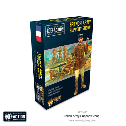 French Army Support Group - Bolt Action 28mm - pudełko ilustracja kolorowa oficer płaszcz czapka rozkaz moździerz 81mm Hotchkiss MMG scena bitewna Francja 1940 10 metalowych figurek - Warlord Games