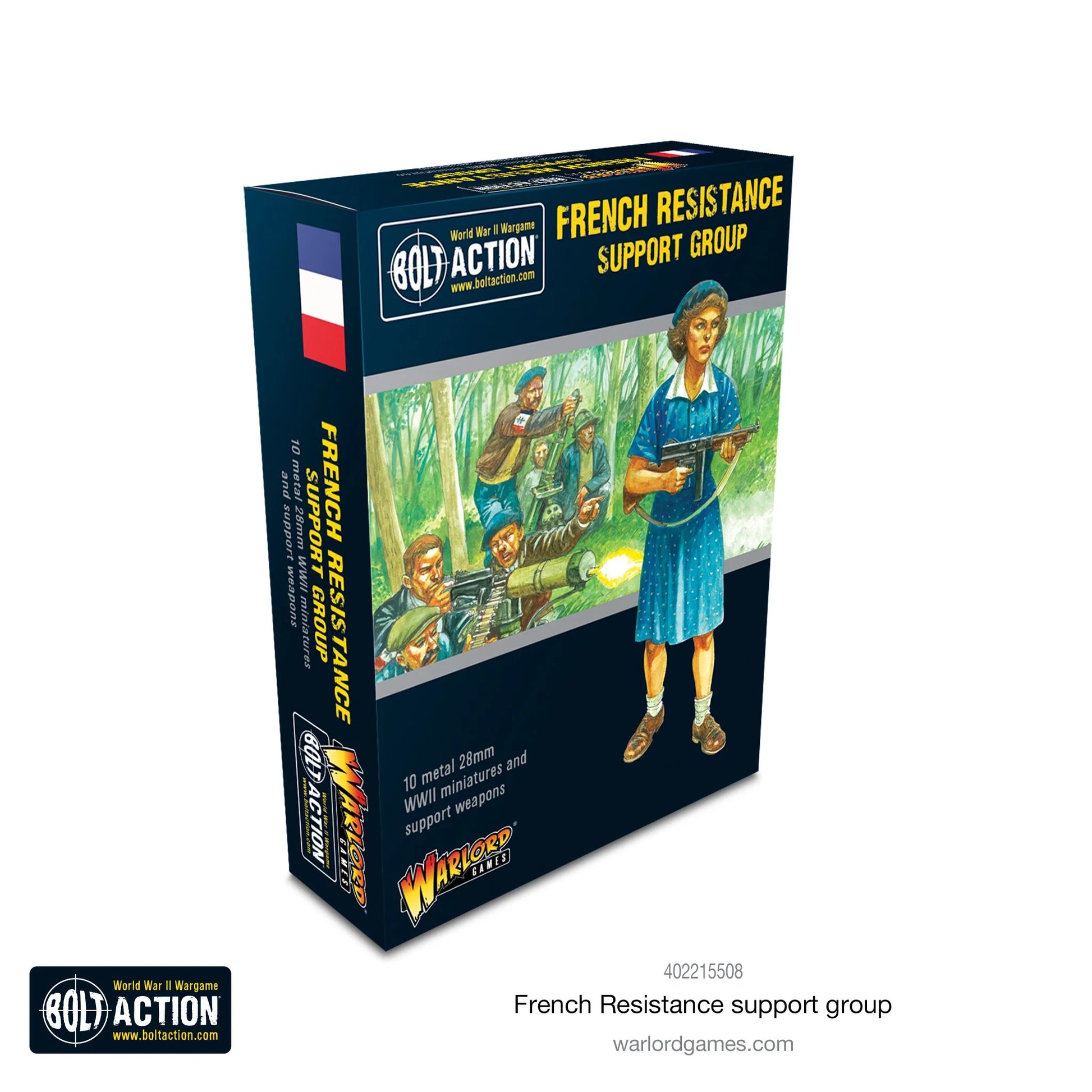 French Resistance Support Group - Bolt Action 28mm - pudełko ilustracja kolorowa kobieta niebieska sukienka Sten gun partyzanci Vickers MMG moździerz 3" las Maquis FFI flaga francuska 10 metalowych figurek - Warlord Games