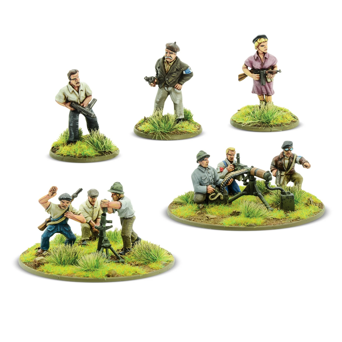 French Resistance Support Group - Bolt Action 28mm - 3 HQ cywilne ubrania Sten gun pistolet kobieta Vickers MMG 3 załoga moździerz 3" 3 załoga partyzanci Maquis podstawki - Warlord Games