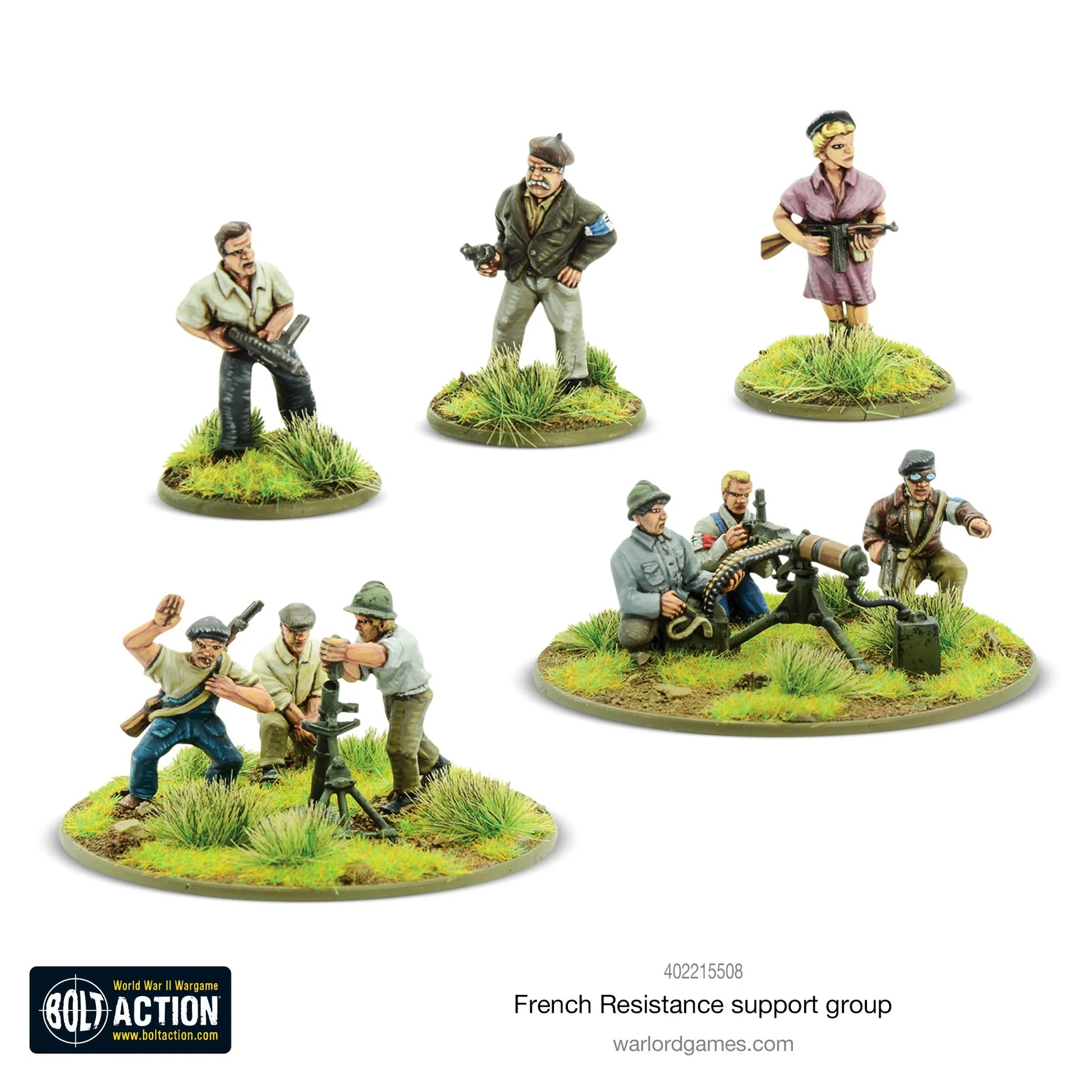 French Resistance Support Group - Bolt Action 28mm - 3 HQ cywilne ubrania Sten gun pistolet kobieta Vickers MMG 3 załoga moździerz 3" 3 załoga partyzanci Maquis podstawki - Warlord Games