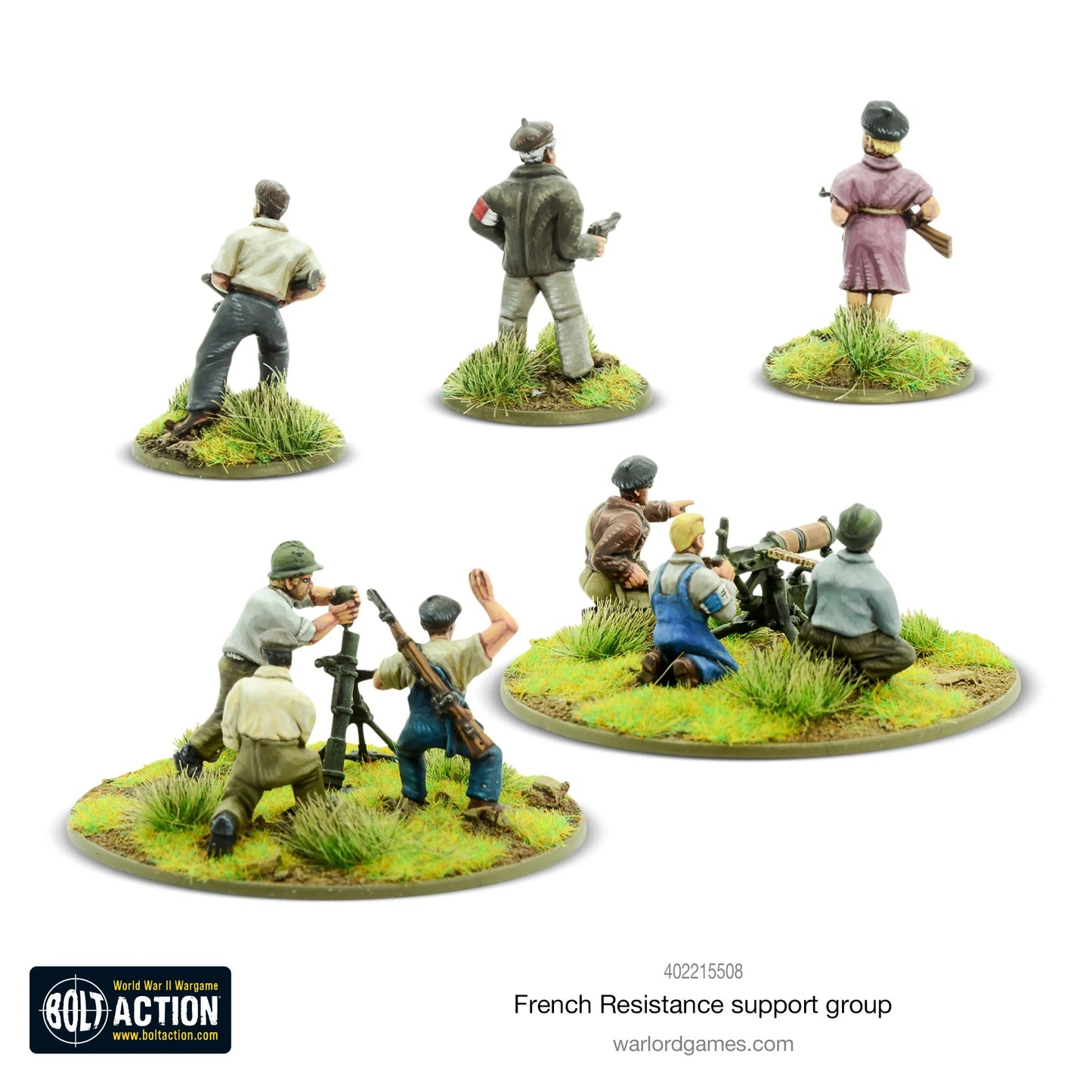 French Resistance Support Group - Bolt Action 28mm - widok z tyłu 3 HQ cywilne ubrania Vickers MMG 3 załoga moździerz 3" 3 załoga partyzanci Maquis podstawki - Warlord Games