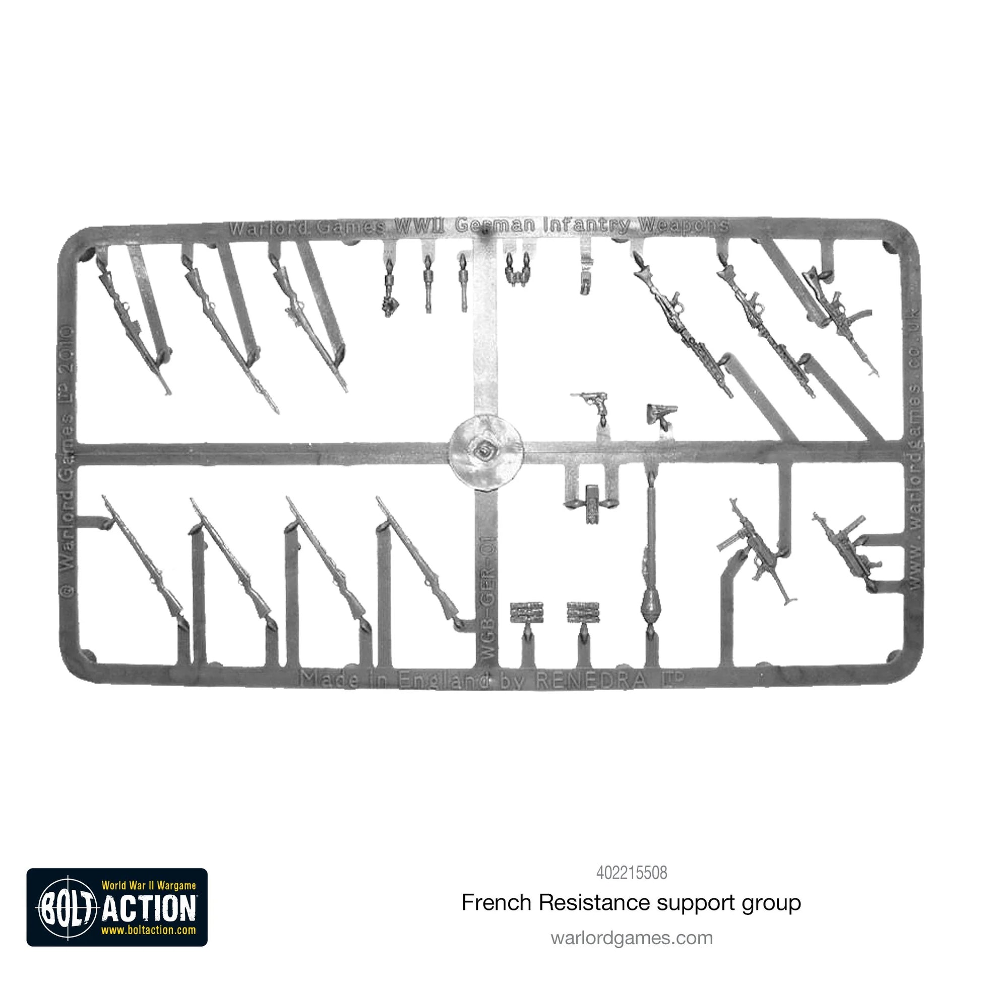 French Resistance Support Group - Bolt Action 28mm - ramka plastikowa WWII German Infantry Weapons Kar98k MP40 MG42 Panzerfaust granaty Renedra - Warlord Games