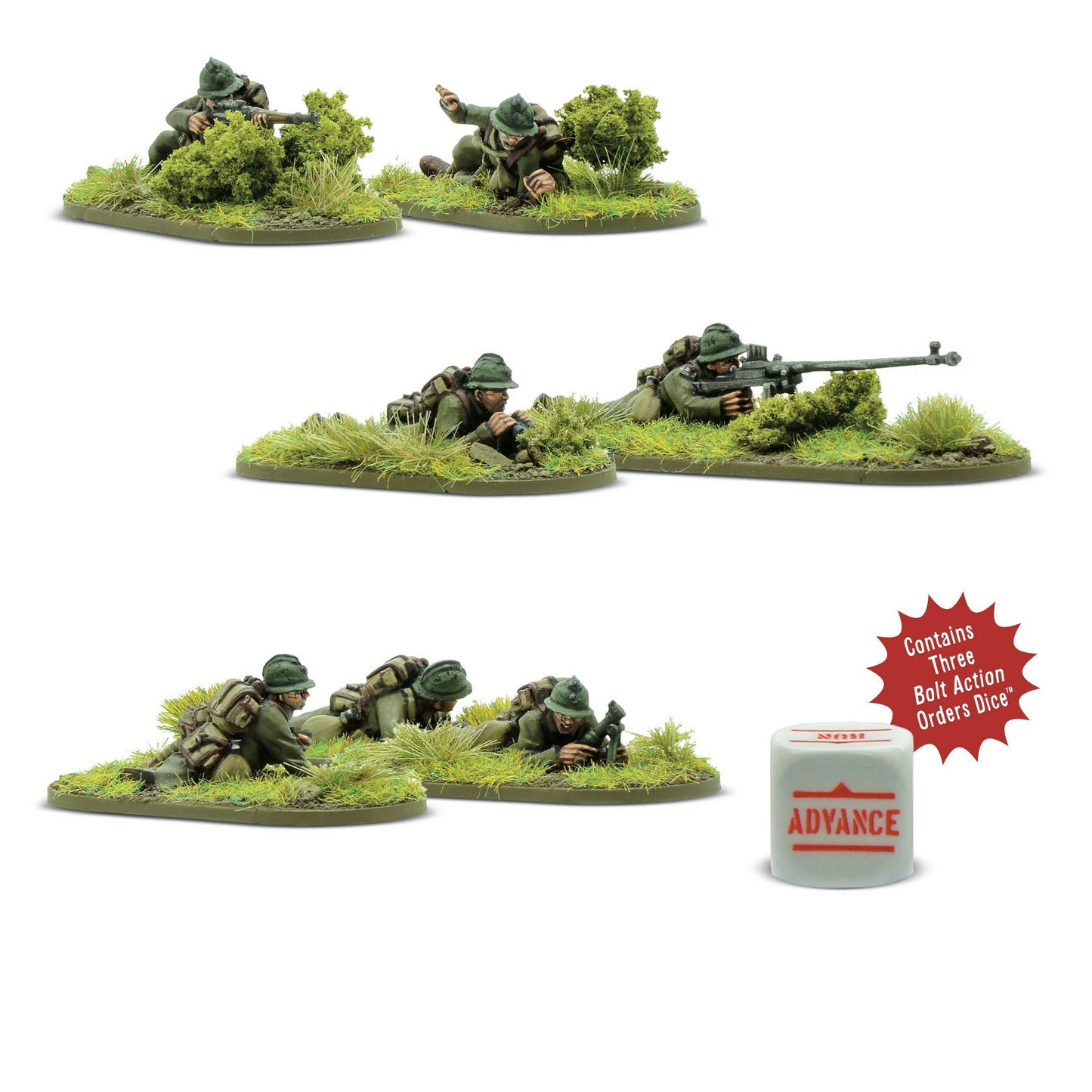 French Army Weapons Teams - Bolt Action 28mm - snajper 2 pozycja leżąca karabin przeciwpancerny 2 pozycja leżąca moździerz lekki 3 załoga mundury khaki hełmy Adrian podstawki kość rozkazu ADVANCE - Warlord Games