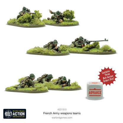 French Army Weapons Teams - Bolt Action 28mm - snajper 2 pozycja leżąca karabin przeciwpancerny 2 pozycja leżąca moździerz lekki 3 załoga mundury khaki hełmy Adrian podstawki kość rozkazu ADVANCE - Warlord Games