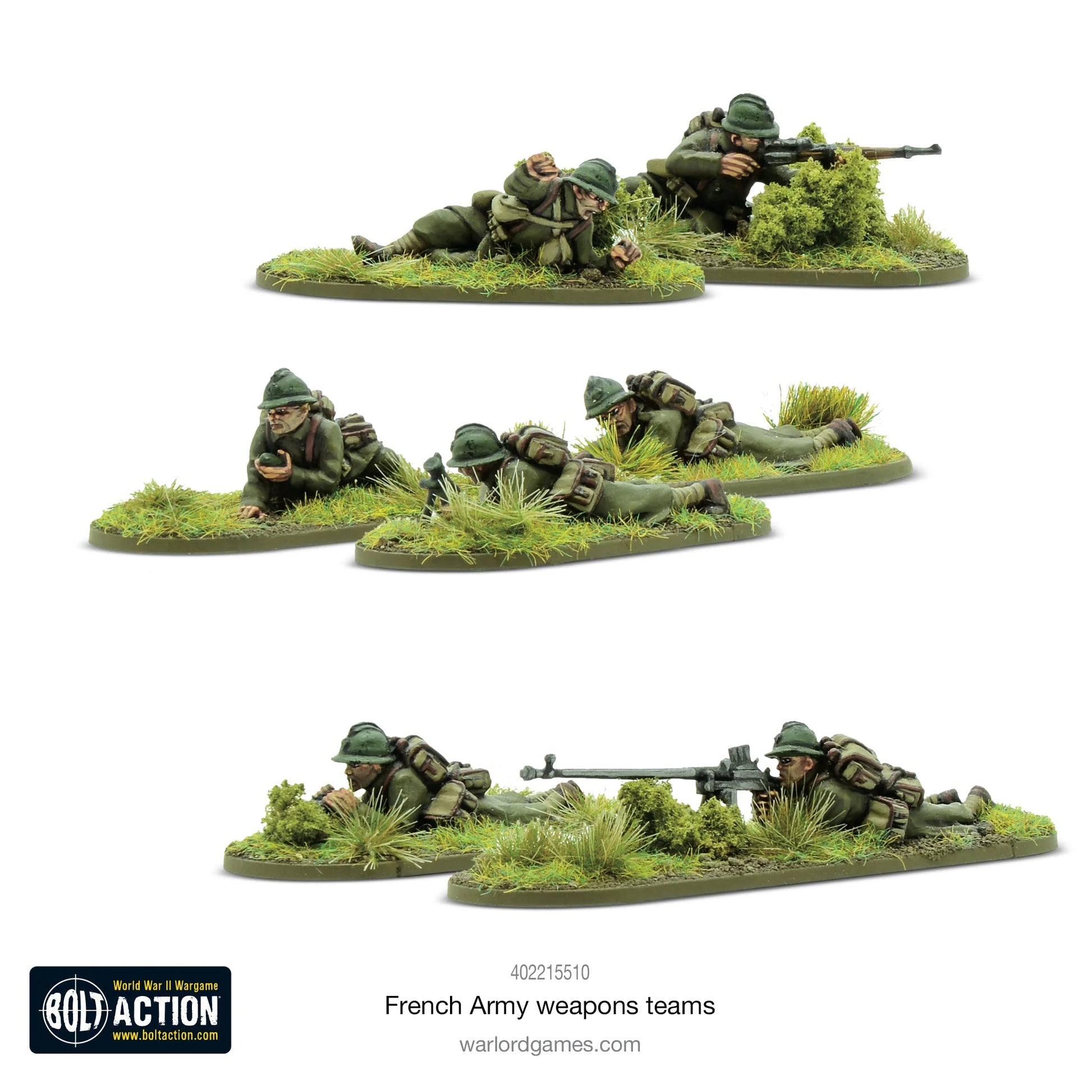 French Army Weapons Teams - Bolt Action 28mm - karabin przeciwpancerny 2 załoga pozycja leżąca snajper 2 pozycja leżąca moździerz lekki 3 załoga mundury khaki hełmy Adrian podstawki - Warlord Games