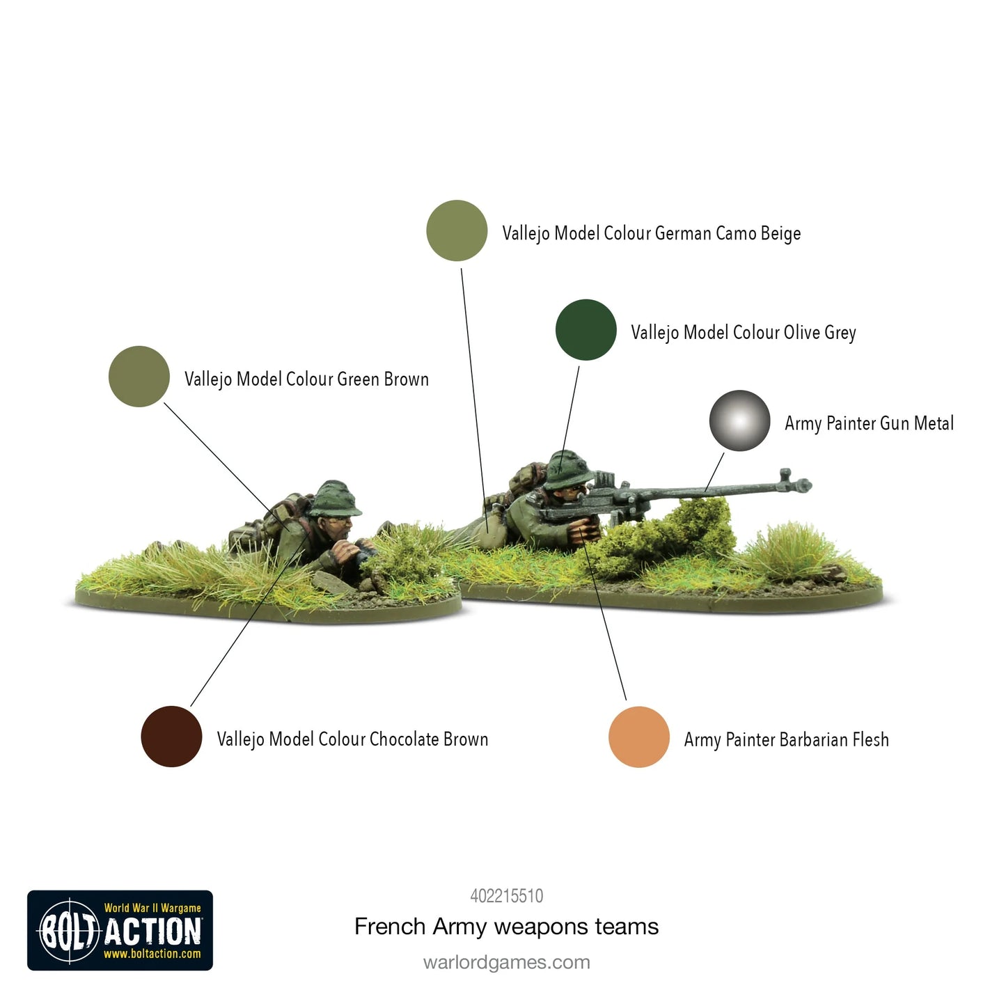 French Army Weapons Teams - Bolt Action 28mm - schemat kolorystyczny Vallejo Green Brown German Camo Beige Olive Grey Chocolate Brown Army Painter Gun Metal Barbarian Flesh - Warlord Games