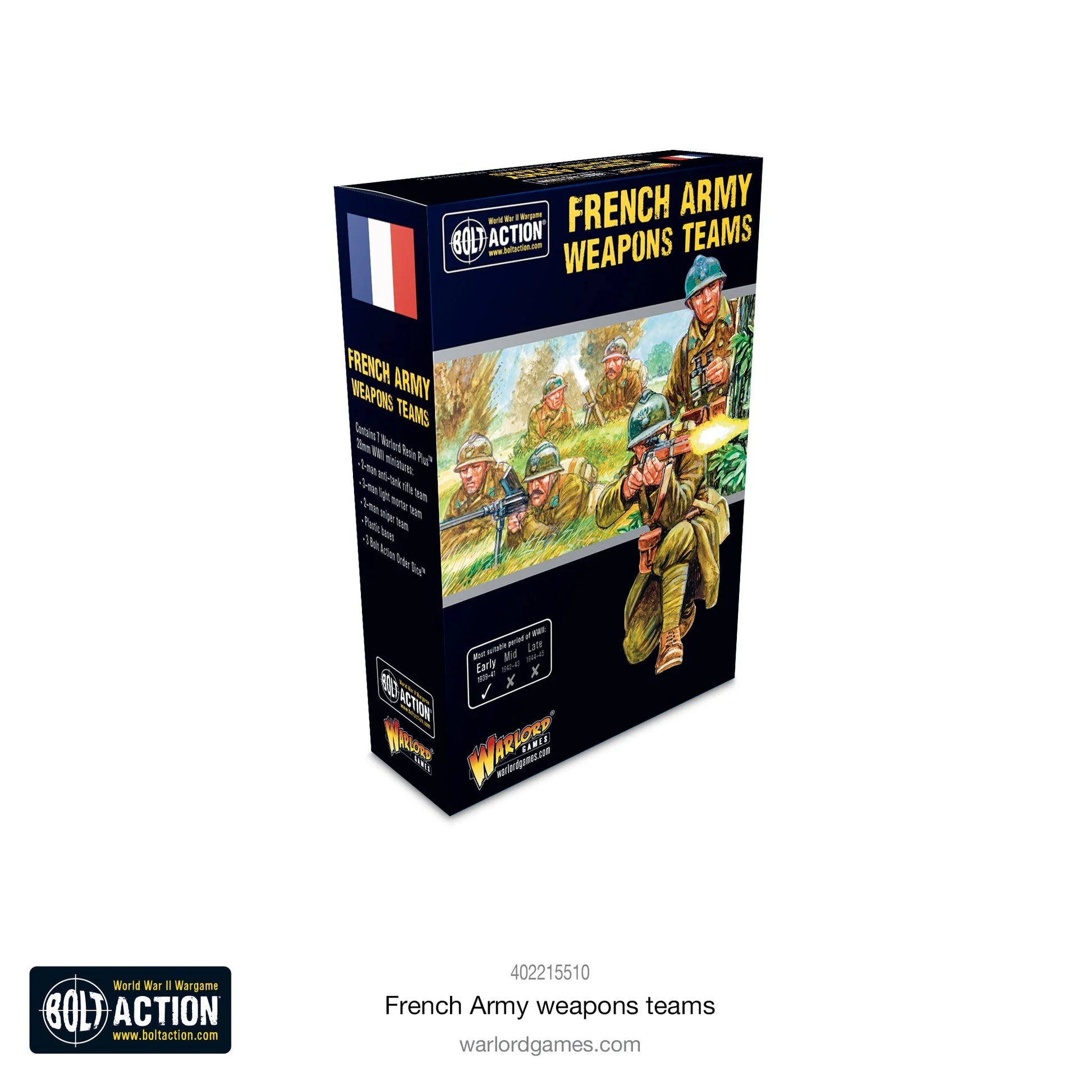 French Army Weapons Teams - Bolt Action 28mm - pudełko ilustracja kolorowa snajper moździerz karabin przeciwpancerny scena bitewna Francja 1940 flaga francuska 7 figurek żywica - Warlord Games