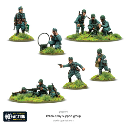 Italian Army Support Group - Bolt Action 28mm - kompletny zestaw 10 pomalowanych figurek widok z przodu: oficer z mapą i pistoletem, operator radiowy z radiem plecakowym, medyk z torbą medyczną, oficer z pistoletem maszynowym SMG w biegu, zespół moździerza 81mm Modello 35 (3 załoga + broń), zespół ckm Breda M37 (3 załoga + broń) - mundury grigio-verde z hełmami M33 - podstawki z trawą - Warlord Games