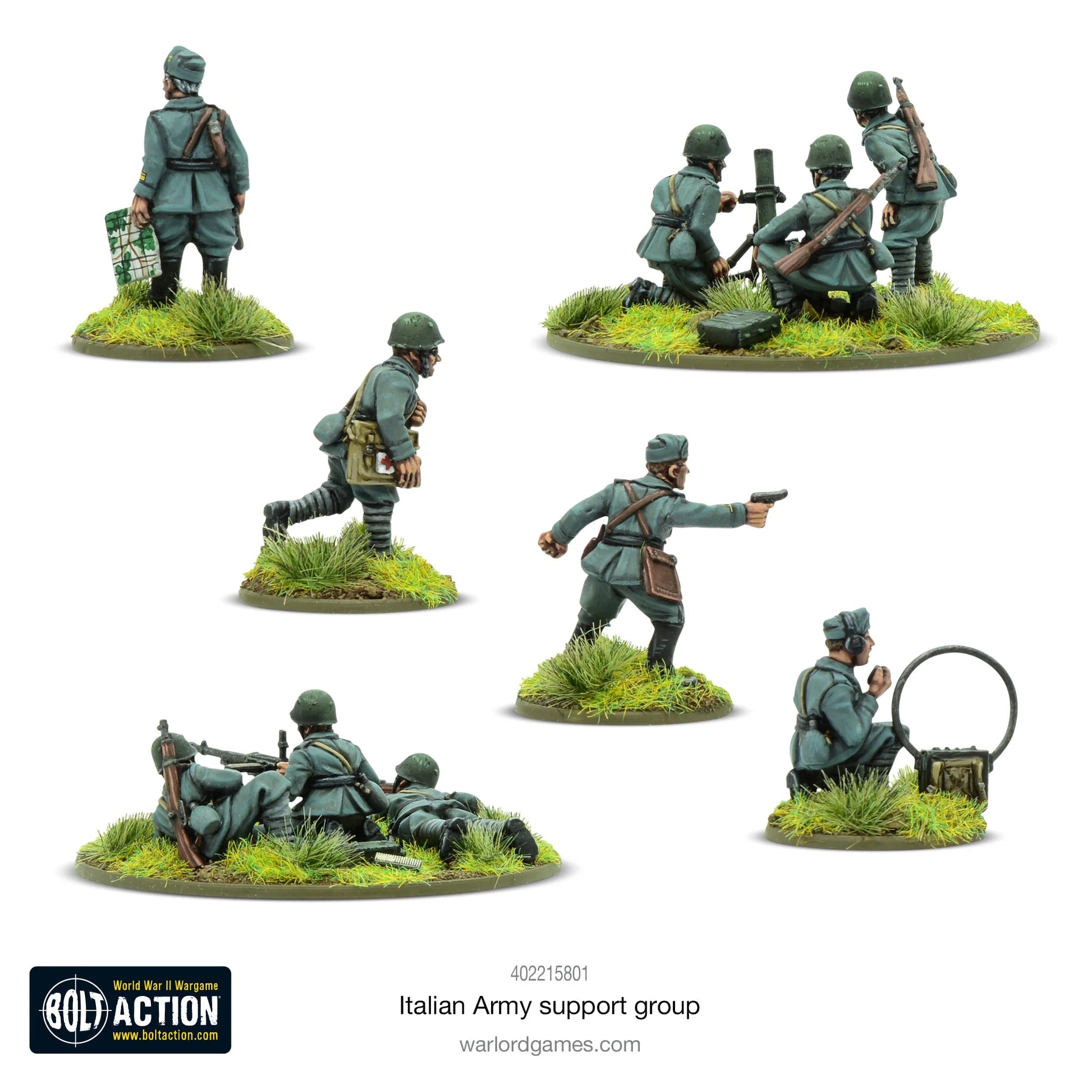 Italian Army Support Group - Bolt Action 28mm - kompletny zestaw 10 pomalowanych figurek widok z tyłu: oficer z plecakiem i mapą, medyk z torbą medyczną biegnący, oficer z SMG, operator radiowy z anteną radiową, zespół moździerza 81mm Modello 35 z amunicją, zespół ckm Breda M37 w pozycji strzeleckiej - detale wyposażenia Regio Esercito - skala 1/56 - Warlord Games