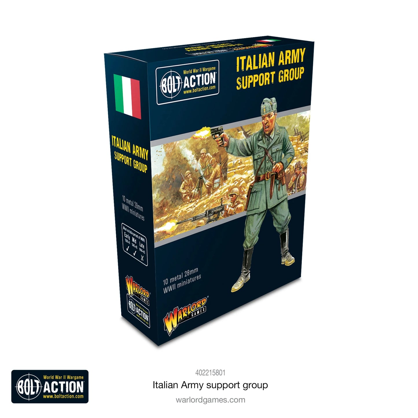 Italian Army Support Group - Bolt Action 28mm - opakowanie produktu z dramatyczną ilustracją: oficer włoskiej armii w mundurze grigio-verde z pistoletem na tle walki pustynnej z moździerzem i ckm - zawiera 10 figurek metalowych 28mm WWII miniatures - flaga włoska - Warlord Games