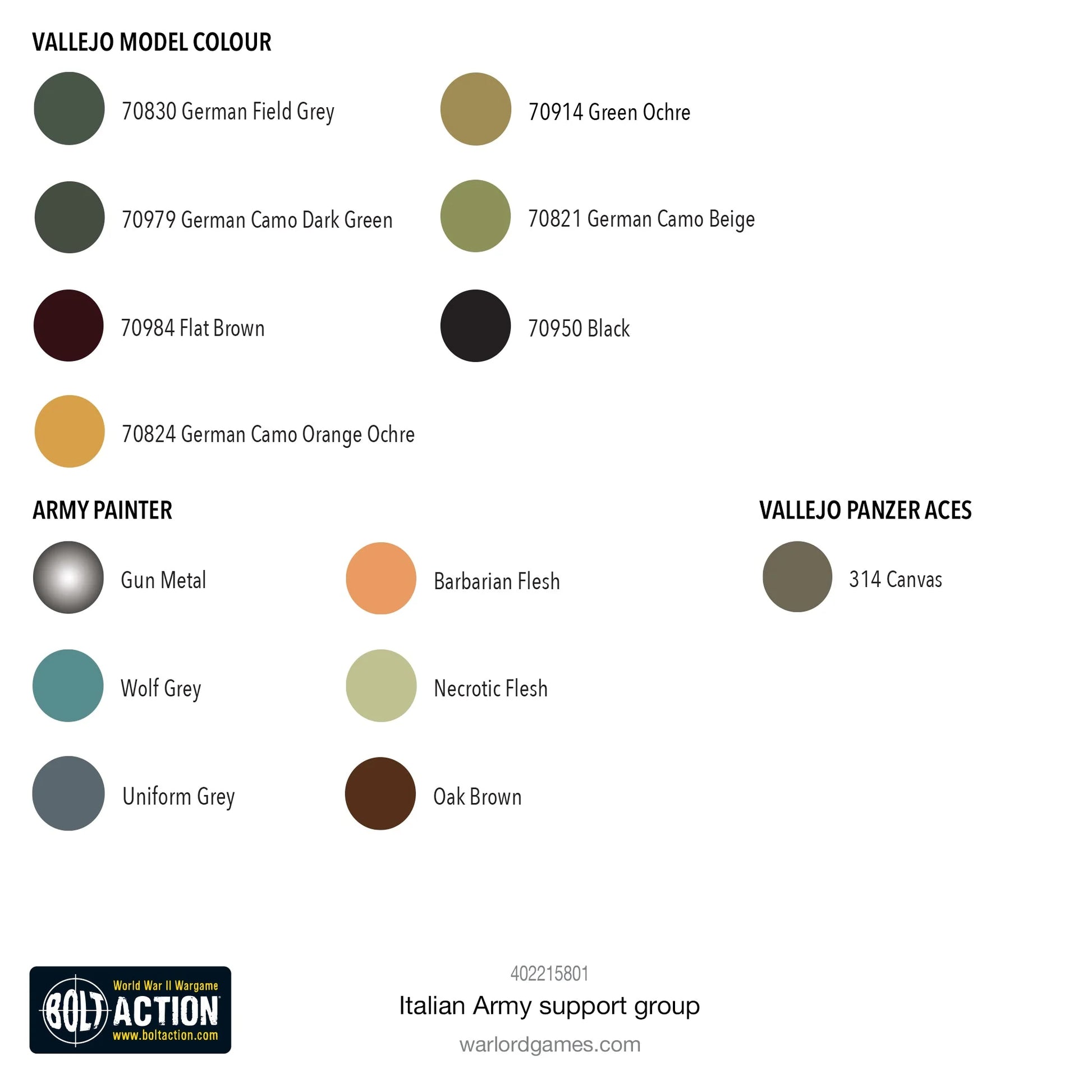 Italian Army Support Group - Bolt Action 28mm - schemat kolorystyczny malowania: Vallejo Model Colour (German Field Grey 70830, German Camo Dark Green 70979, Flat Brown 70984, German Camo Orange Ochre 70824, Green Ochre 70914, German Camo Beige 70821, Black 70950), Army Painter (Gun Metal, Wolf Grey, Uniform Grey, Barbarian Flesh, Necrotic Flesh, Oak Brown), Vallejo Panzer Aces (Canvas 314) - przewodnik po farbach - Warlord Games