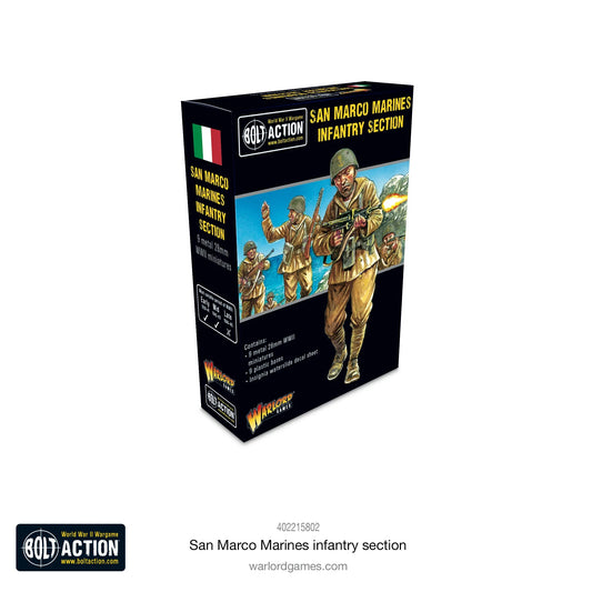San Marco Marines Infantry Section Warlord Games 402215802 – pudełko zestawu Bolt Action, czarne opakowanie z ilustracją szturmujących marines San Marco, flaga włoska, logo Bolt Action i Warlord Games, napis "9 metal 28mm WWII miniatures"
