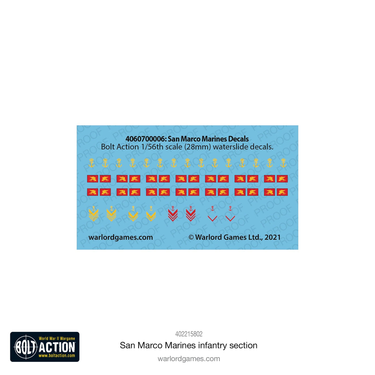 San Marco Marines Decals Warlord Games 4060700006 – arkusz kalkomanii wodnych Bolt Action 1/56 28mm, insignia Reggimento San Marco: złote kotwice, czerwone proporczyki ze lwem weneckim, żółte i czerwone chevron stopni, Warlord Games 2021

