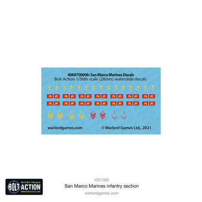 San Marco Marines Decals Warlord Games 4060700006 – arkusz kalkomanii wodnych Bolt Action 1/56 28mm, insignia Reggimento San Marco: złote kotwice, czerwone proporczyki ze lwem weneckim, żółte i czerwone chevron stopni, Warlord Games 2021
